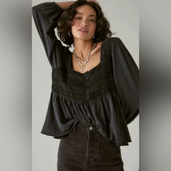 Lucky Brand Embroidered Yoke Long Sleeve Peasant Top Size L - Picture 1 of 12